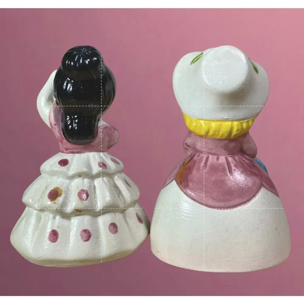 Vintage Storybook Girl Salt & Pepper Shakers Ceramic Pair Pink Mid Century